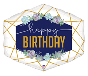 Betallic Mylar & Foil Happy Birthday Gold White Navy Geometric 30″ Balloon