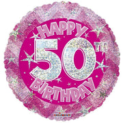 Convergram Mylar & Foil Happy 50th Birthday Pink Holographic 18″ Balloon