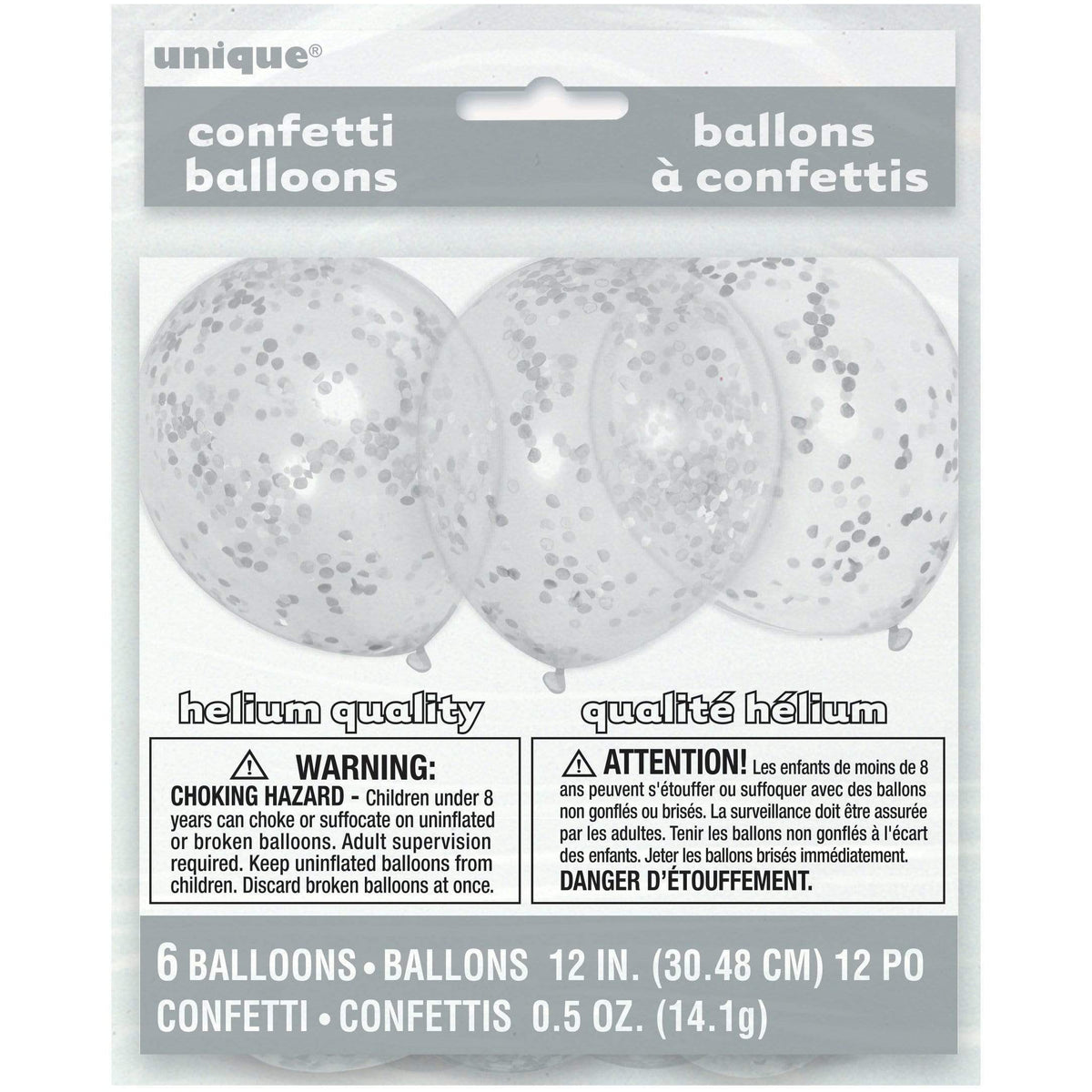 Unique Latex Clear Latex Balloons with Silver Confetti — 12" Latex (pack of 6)